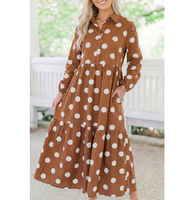 Nouvelle Robe Midi Décontractée et Élégante pour Femme, Taille Haute, Coupe Trapèze, Imprimé Pois, Col Revers, Manches Longues, Ample, Collection Automne, Vente en Gros