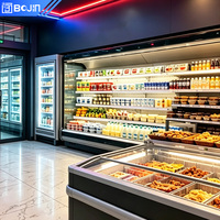 Vitrine réfrigérée ouverte pour supermarché avec rideau d'air ventilé pour la conservation des légumes, fruits, lait et viande, et contrôle numérique de la température