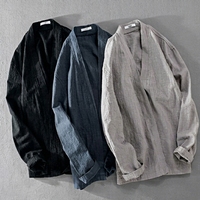 Chemise décontractée en lin à manches longues pour homme 2026, veste bomber style chinois tendance coupe décontractée artistique, col montant, haut de printemps