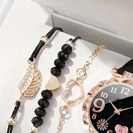 UM JEWELRY Nuevo Reloj de Cuarzo con Correa de Cuero y Esfera con Incrustaciones de Piedras Preciosas para Mujer, Conjunto de Pulsera, Venta al por Mayor, Regalo - Product Image 4