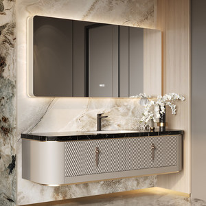 Modern luxury rock slab countertop ceramic basin intelligent <b>mirror</b> cabinet <b>wall</b> mounted bathroom cabinet - Product Image 4