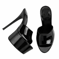Nouvelles mules à plateforme noires brillantes 2026, design élégant, 16 cm, sandales à plateforme à enfiler pour femmes