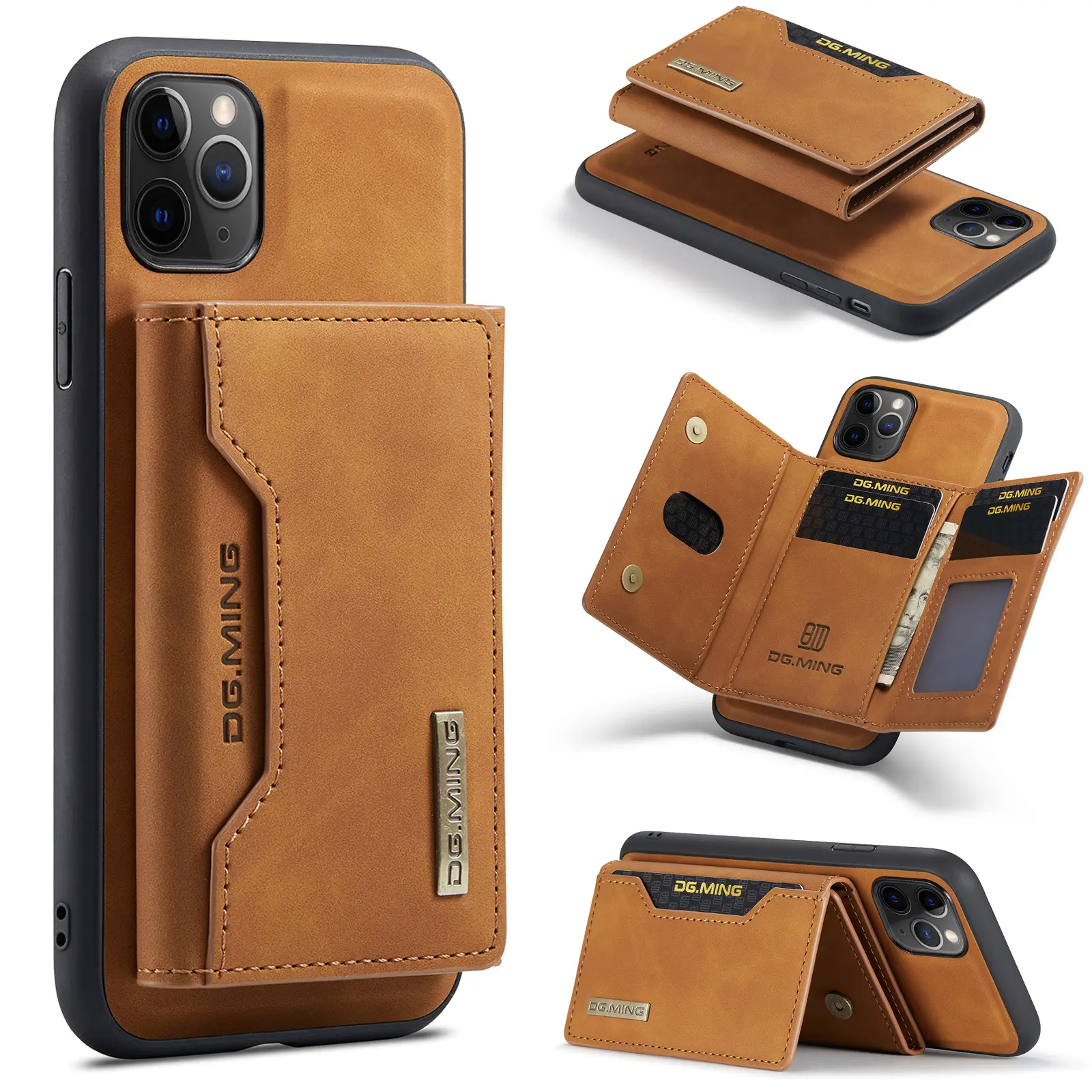 Luxury PU Leather Card Holder Holster Kickstand Wallet Card Slots RFID Detachable for iPhone 13 14 Leather Case