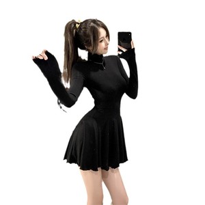 High Neck Long Sleeve Dress Tight Waist Pleated Skirt Solid Color Casual Daily Wear Gray Black Women's Autumn Winter Style - Product Image 5