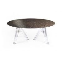 Table ovale durable en marbre Arabescato avec base transparente 230x115cm, mobilier de salon, modèle OVAL03