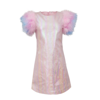 Ropa para Niñas, Vestidos de Verano, Boutique, Vestido de Fiesta para Bebés y Niñas Pequeñas, Color Rosa Iridiscente, Manga Abullonada con Plumas, Cuero Sintético, Venta al Por Mayor