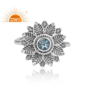 Anillo de Plata de Ley 925 con Topacio Azul, Diseño Floral Antiguo, Hecho a Mano, para Mujer, Fabricante de Joyería - Product Image 2
