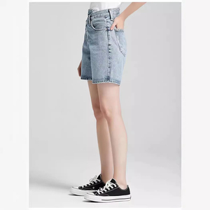 Shorts de mezclilla para <span class=keywords><strong>mujer</strong></span>, cintura cruzada, lavado claro, pierna recta, estilo japonés, casual - Product Image 4