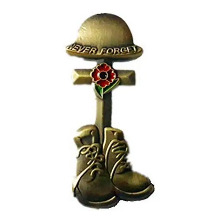Lone Soldier Helmet Boots Red Poppy Enamel Pin Badge Brooch Gold Color