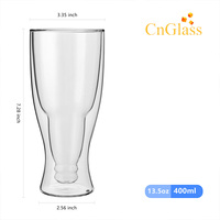 Verre à bière Pilsner à double paroi CnGlass 400 ml 13,5 oz, isolé, en borosilicate, sans poignée, résistant au congélateur, transparent