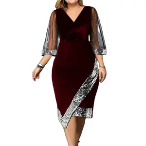 Vestido midi de malha floral plus size para mulheres, vestido de festa de coquetel para mulheres