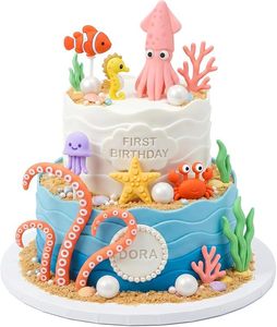Kit de décorations de gâteau sur le thème des animaux marins : Calamar, Poisson-pie, Hippocampe, Méduse, Crabe, Étoile de mer, Pieuvre, Corail, Perle – Fournitures d'anniversaire - Product Image 5