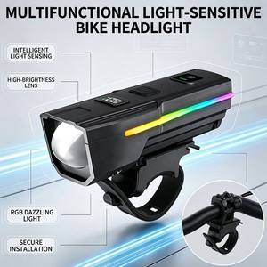 Lumière avant de vélo LED intelligente, capteur de lumière intelligent, lampe de vélo rechargeable par USB, étanche, lumière de cyclisme sur route et <span class=keywords><strong>VTT</strong></span> pour la nuit - Product Image 4