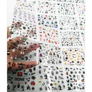 24/Set cadılar bayramı 3D Nail Art Sticker siyah çivi çıkartmalar yapışkanlı kafatası tırnak sanat dantel çıkartmalar çıkartmaları transferleri