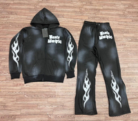 Ensemble de survêtements évasés délavés avec patch brodé et sweat à capuche zippé orné de strass pour fabricants de vêtements streetwear