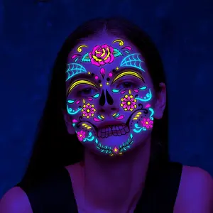 Pegatinas de neón extraíbles para maquillaje de cara de muerte, fluorescente, para Halloween, se acepta tatuajes luminosos temporales para Festival