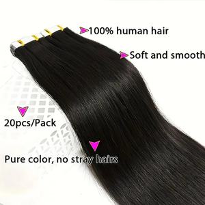 Extensions de cheveux naturels en gros, <span class=keywords><strong>pas</strong></span> chères, en cheveux humains véritables, à bandes adhésives, noires, lisses, sans couture, avec trame en PU, 20 pièces - Product Image 4