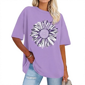 T-shirt décontracté en jersey de coton à manches courtes et col rond pour femme, imprimé floral violet, coupe ample, printemps-été - Product Image 1