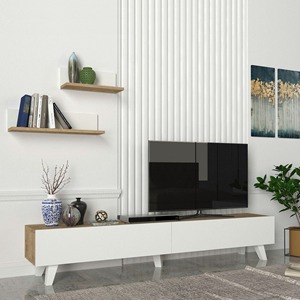 Mobile <span class=keywords><strong>TV</strong></span> in Legno con Spazio di Archiviazione Versatile e 2 Mensole a <span class=keywords><strong>Muro</strong></span> per Soggiorno, Ordine all'Ingrosso dalla Fabbrica - Product Image 1