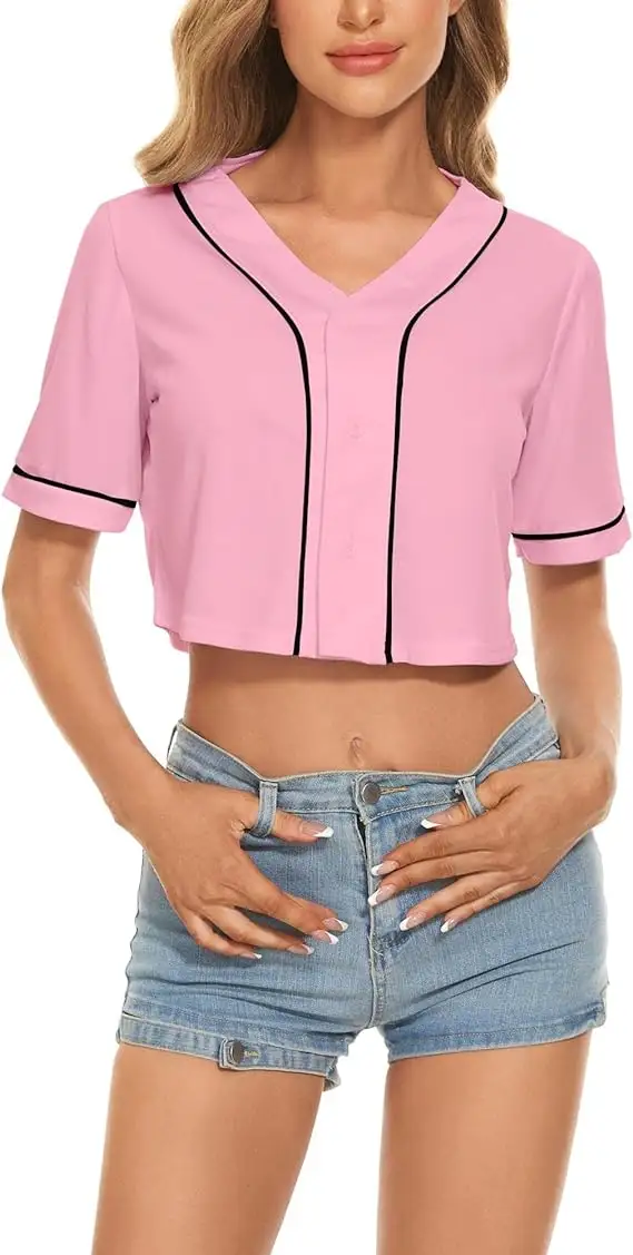 レディース野球ジャージーボタンダウンTシャツ半袖Vネッククロップトップブラウスソフトボールボタンアップジャージー