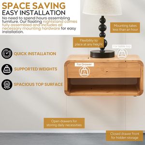 Combohome Bamboo Floating Nightstand with Drawer &amp; Open Shelf - Fully Assembled <strong>Wall</strong> Mounted <strong>Bedside</strong> <strong>Table</strong> with Modern Design - Product Image 4