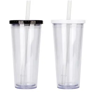 Bubble Tea Tumbler Cups 700ml Double Wall Reusable Plastic Cups With Lid And Straw