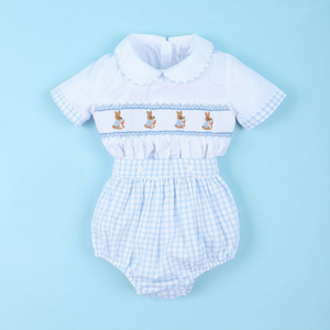 Babeeni OEM ODM Ensemble de vêtements en coton fait main de luxe bleu à 4 motifs de lapins pour Pâques, pour garçons BB3233, motif géométrique, certifié OEKO-TEX - Product Image 1