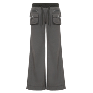 Pantalon cargo en denim pour femme, coupe ample, taille haute élastique avec empiècements côtelés extensibles, jean évasé multipoches style streetwear - Product Image 6