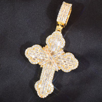 Pendentif Croix Trapézoïdale Baguette Entièrement Sertie de Zircons, Plaqué Or et Argent, Style Hip Hop, Expédition Mondiale