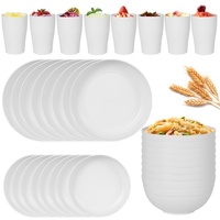 Assiettes, bols et tasses en plastique de paille de blé blanc cassé, service de vaisselle blanc pour 8 personnes, compatible micro-ondes, pour usage domestique