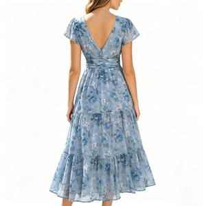 Robe longue d'été à imprimé floral pour femmes, col en V, manches courtes, décontractée, plage, vacances, bohème, fluide, 100% polyester pour femmes - Product Image 2