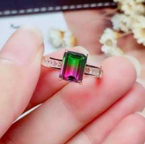 Bague de fiançailles en tourmaline bicolore et quartz, motif pastèque, haute qualité, design tendance, style Art Déco/traditionnel, faite à la main, cadeau pour - Product Image 2