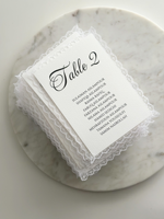 Cartes de numéros de table de mariage en dentelle blanche, personnalisables avec les noms des invités, élégantes cartes de plan de table pour réception de mariage