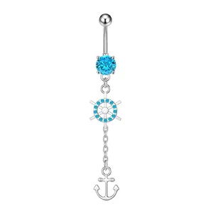 316L Umbilical Nail Blue Crystal anchor 14G Steel Navel Piercing Navel Belly Button Rings Women Body Jewelry Belly Piercing