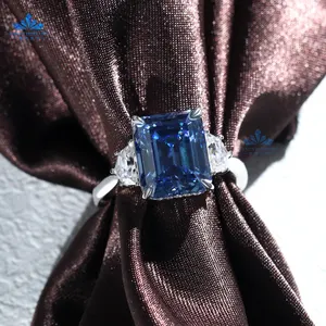 18k emas putih 9x11mm 5 karat berlian utama moissanite biru potongan zamrud dan cincin moissanite putih 3.5x5.5mm