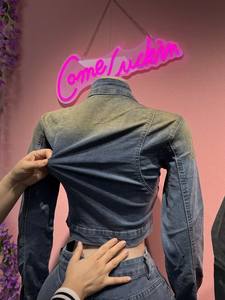 Comeluckin Acid Washed Stretch Denim Herfst Vrouwenkleding Katoen 2-delig Set Lange Mouwen Cropped Jack & Broekpak Lente Outfits - Product Image 5