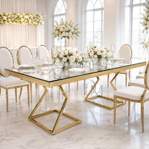 Mesa Rectangular Moderna de Acero Inoxidable con Tapa de Espejo y Base Geométrica para Eventos y Banquetes - Product Image 1