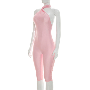 Viviblook J26JP136 Combinaison d'été pour femme, col torsadé, ruban halter, plissée en V, décontractée, une pièce - Product Image 4