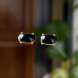 Fashion <b>Stud</b> <b>Earrings</b> 316L Stainless Steel PVD Gold Plating Sustainable Resistant <b>Black</b> Oval Design - Product Image 3