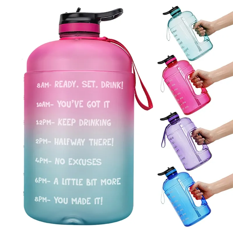 Botol Air Kapasitas Besar Bebas BPA 3,78l dengan Sedotan Motivasi & Penanda Waktu GYM Minum Kendi Bebas BPA Olahraga Luar Ruangan