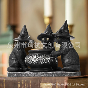 Black Cat Ghost Candlestick Halloween Ornament Resin Craft <b>Battery</b> <b>Operated</b> Indoor Decoration - Product Image 2