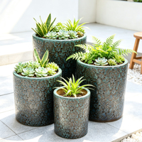 Pot en céramique turquoise gaufré, design floral rétro, ensemble de 3 pièces, pot émaillé au four pour la décoration du salon