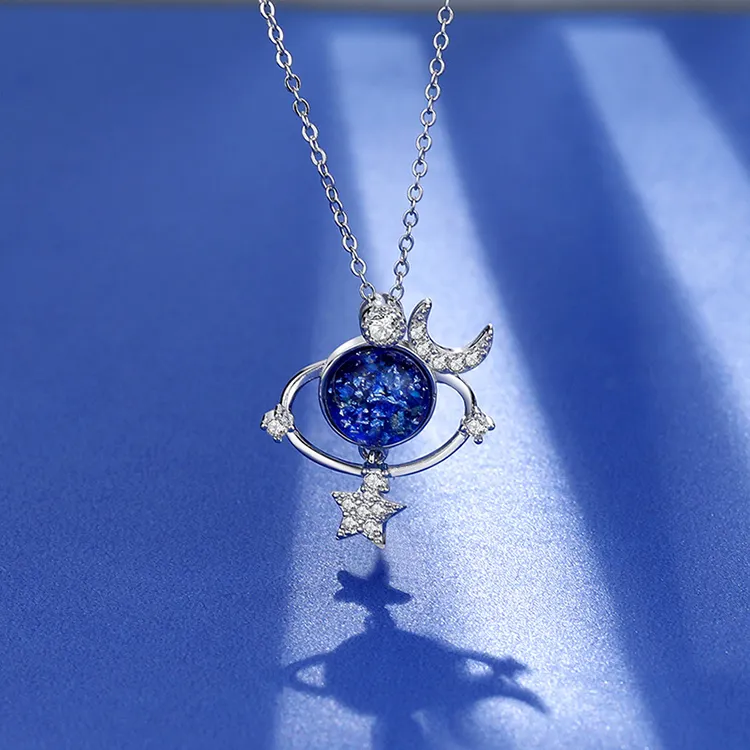 High quality Fashion Design Blue Crystal Zircon Star Moon Universe Asteroid Pendant Necklace For Women