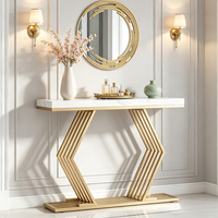 Table console d'entrée moderne Tribal 42 pouces avec base en métal géométrique et plateau en faux marbre blanc, décoration d'intérieur