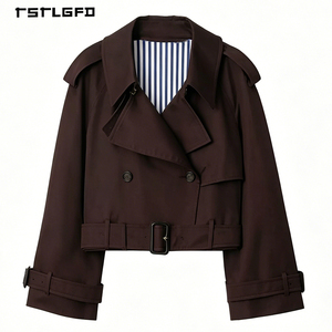 Men Cropped Trench Jacket 100% Cotton Double Breasted Hook Collar Closure Waist Belt Belted Cuffs Short Coat Outerwear - Product Image 3