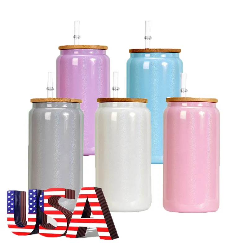 USA Warehouse White Glitter Glass Tumbler Cups 16oz Colored Mason Jars Shimmer Sublimation Glass Can With Bamboo Lid and Straw