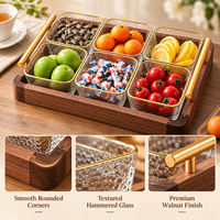 Ensemble de bols de service en noyer et verre avec 6 bols à bord doré et poignées pour bonbons, noix, fruits, apéritifs, décoration de table pour fêtes à domicile