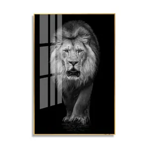 Factory Wholesale Wall Art HD UV Printing Black Lion Framed Crystal Porcelain Painting Animal