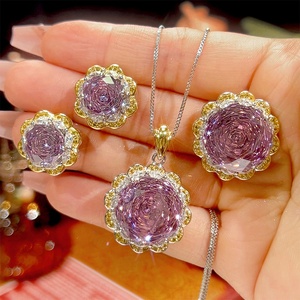 Fashion Eco-friendly Copper Gold Plated Flower Jewelry <b>Set</b> 16-10mm Rose Red Cubic Zirconia Vintage Wedding <b>Earrings</b> <b>Set</b> - Product Image 2