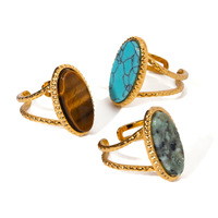 Bague élégante en pierre naturelle avec bagues en pierre précieuse turquoise au design ovale réglable en acier inoxydable or 18 carats